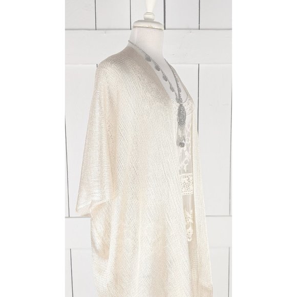 Light gold metallic mesh kimono cover up fringe jacket - Picture 4 of 5